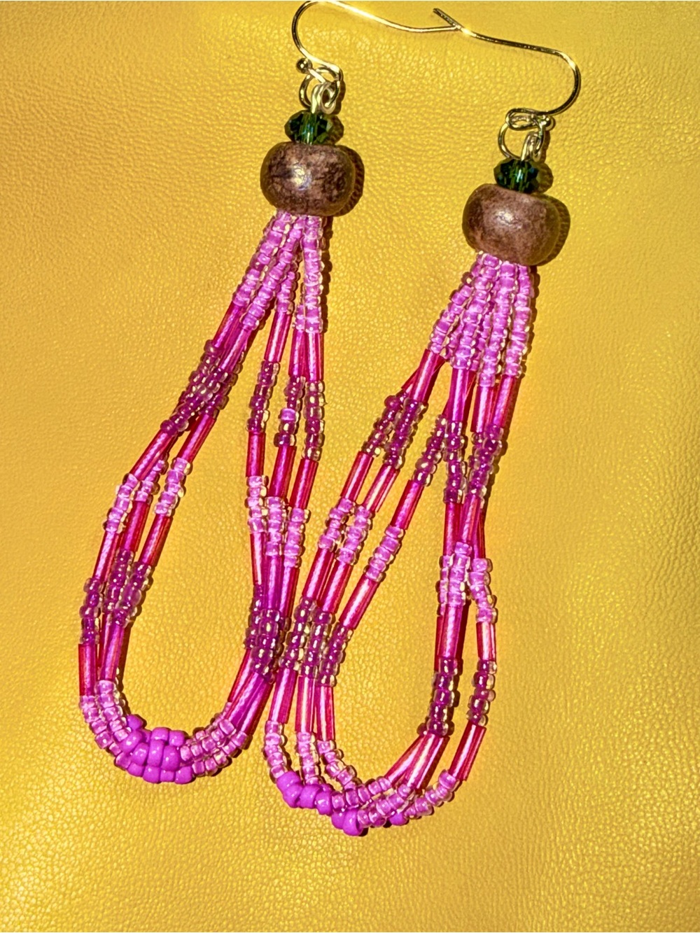 Handcrafted Pink Multi-Strand Beaded Drop Earrings with Wooden Accent